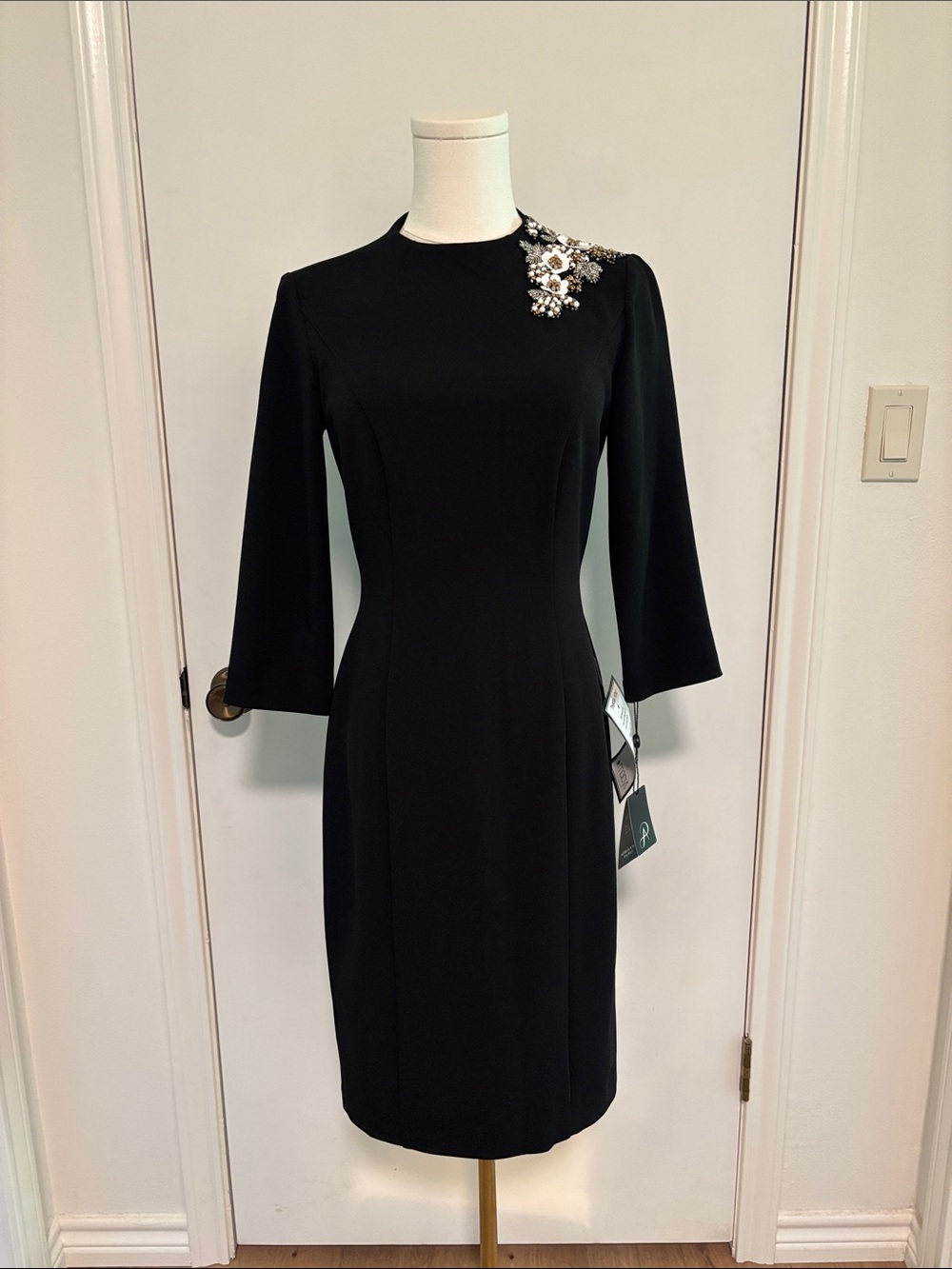 Adrianna Papell Black Embellished Shoulder Sheath Dress